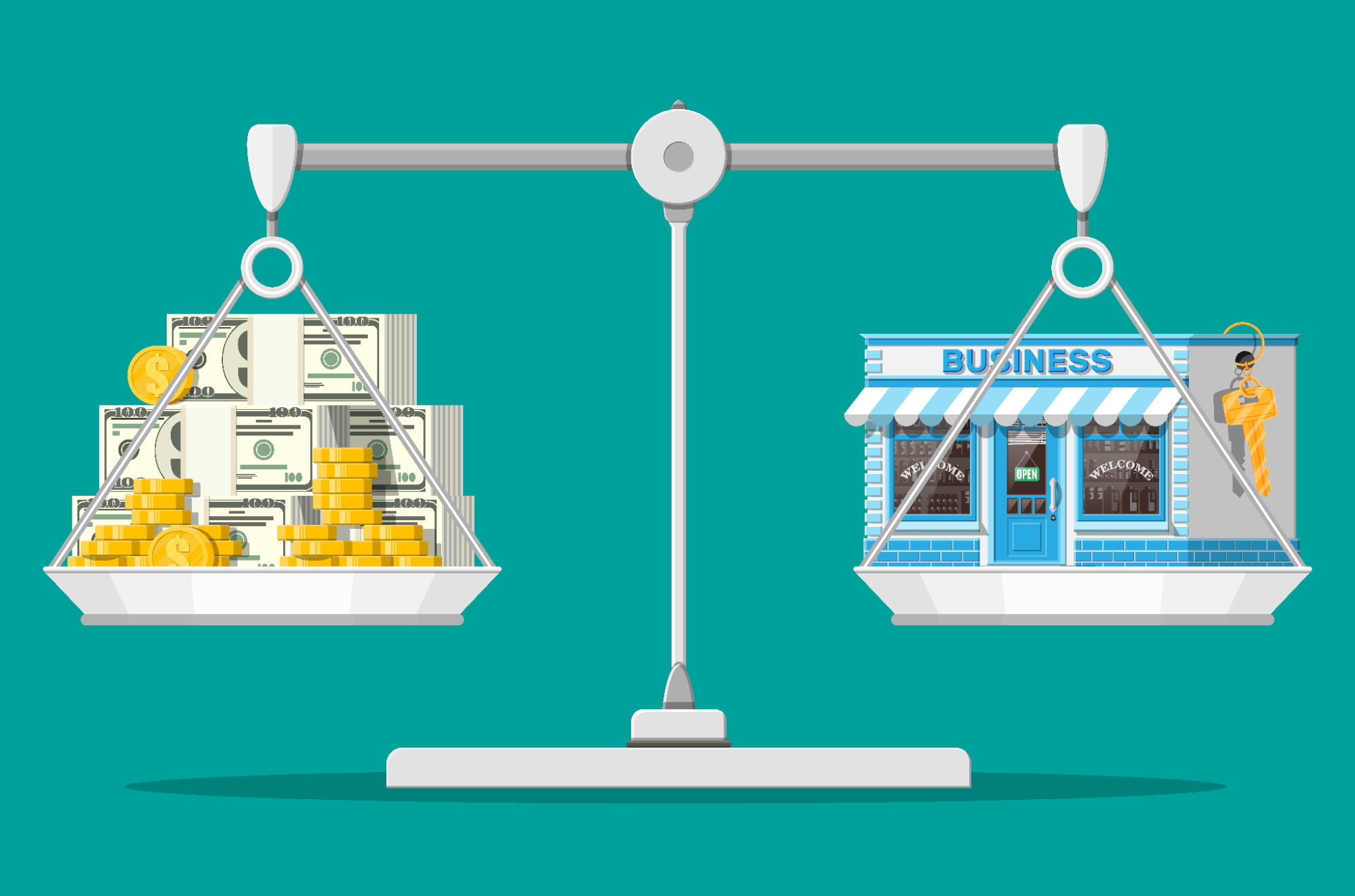 Scale weighing a business on one plate and money on the other.